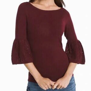 White House Black Market WHBM Lace Bell Sleeve Sweater Burgundy Red Size Small